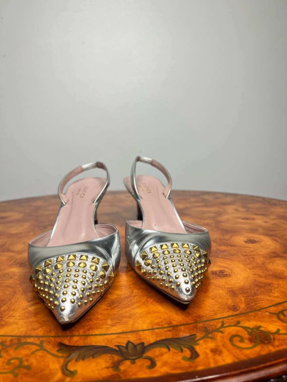 Metallic Silver Pointed Toe Slingback Flats with Gold Studs - Picture 5 of 7